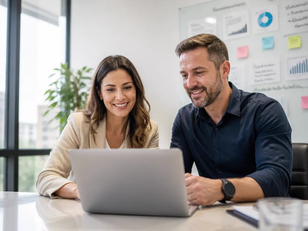 Analista de RH e business partner analisando painéis de people analytics em laptop