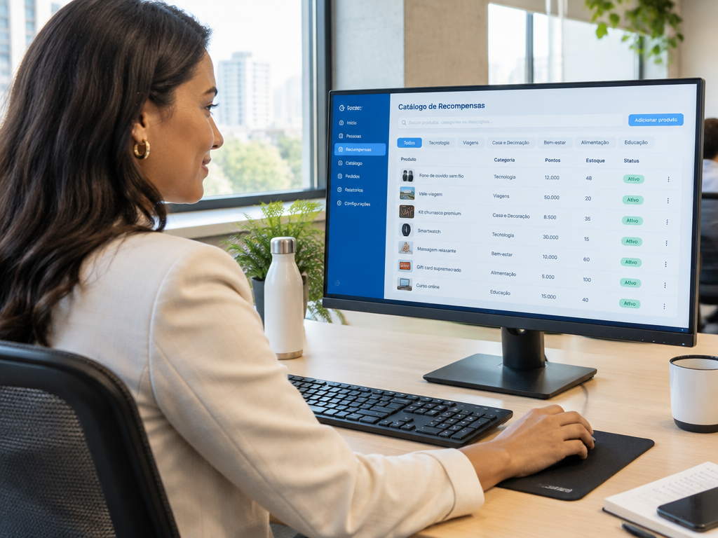 Profissional de RH administrando o catálogo da Lojinha em um monitor