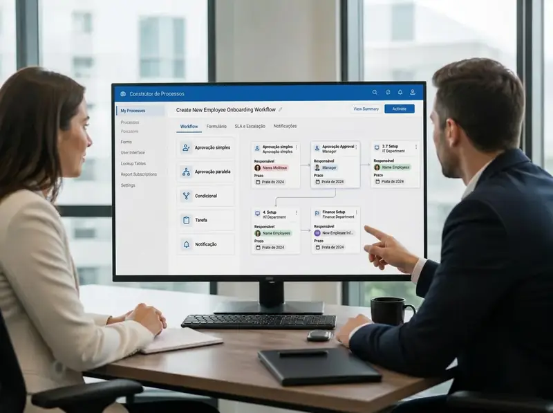 Profissionais de RH e Financeiro montando em um monitor o construtor de processos com etapas, responsáveis e formulário