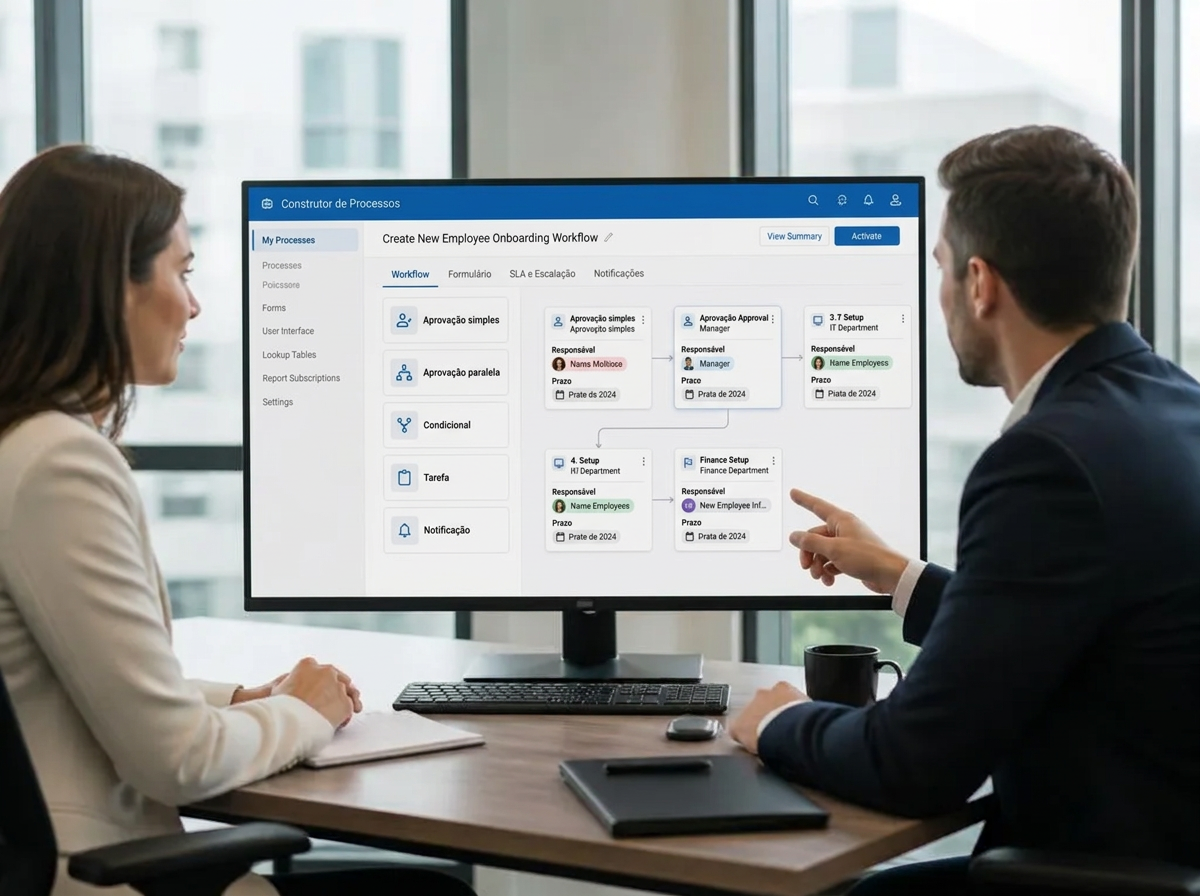 Profissionais de RH e Financeiro montando em um monitor o construtor de processos com etapas, responsáveis e formulário