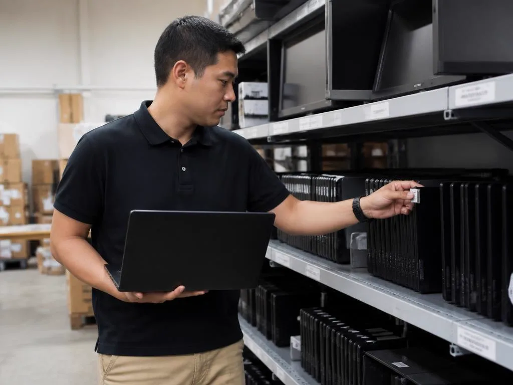 Técnico de TI conferindo a etiqueta de um notebook no estoque de equipamentos da empresa