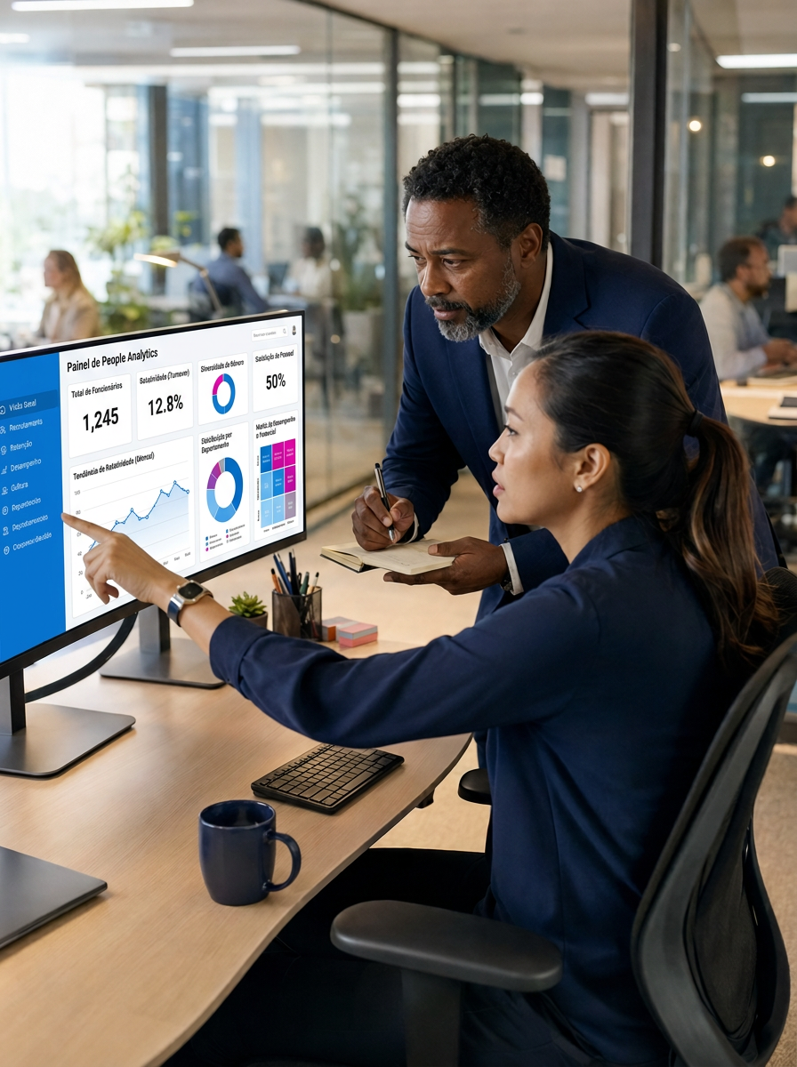 Profissionais analisando o painel de people analytics da InCicle em dois monitores