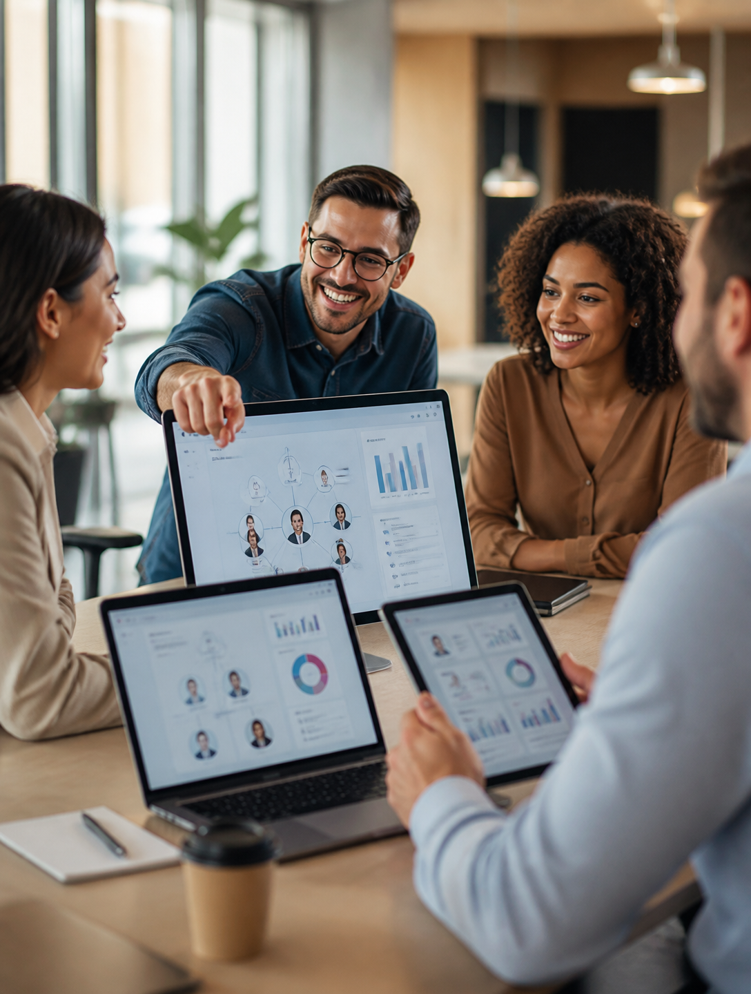 Equipe de RH e gestores colaborando em torno de laptops e tablets conectados à plataforma InCicle
