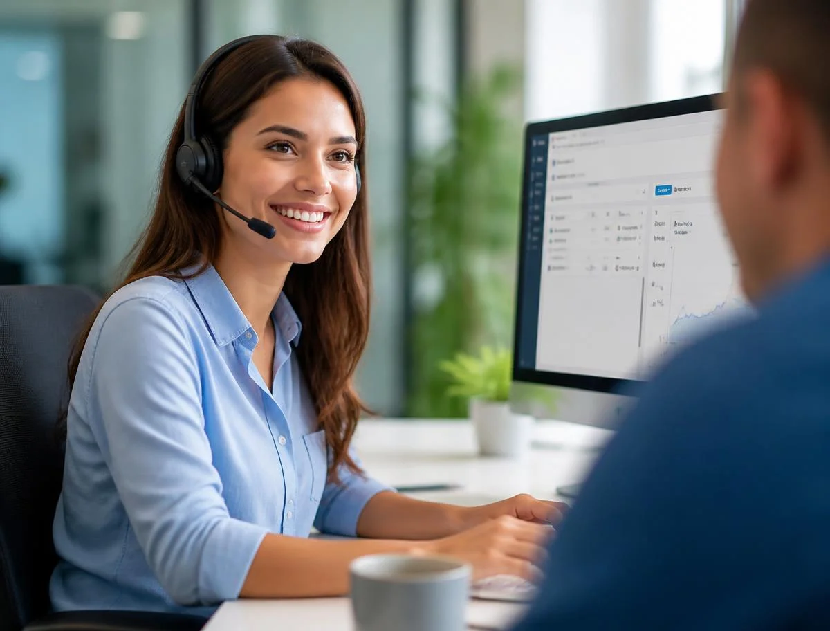 Especialista de suporte InCicle com headset atendendo um cliente diante de um painel do software