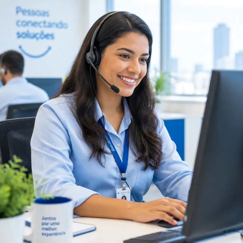 Especialista de suporte com headset atendendo em frente ao computador em um escritório claro